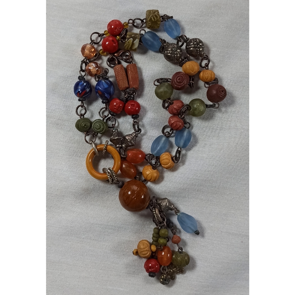 Vintage The Limited Art Glass And Wood Multicolor Beads Long Chain Pendant 90's